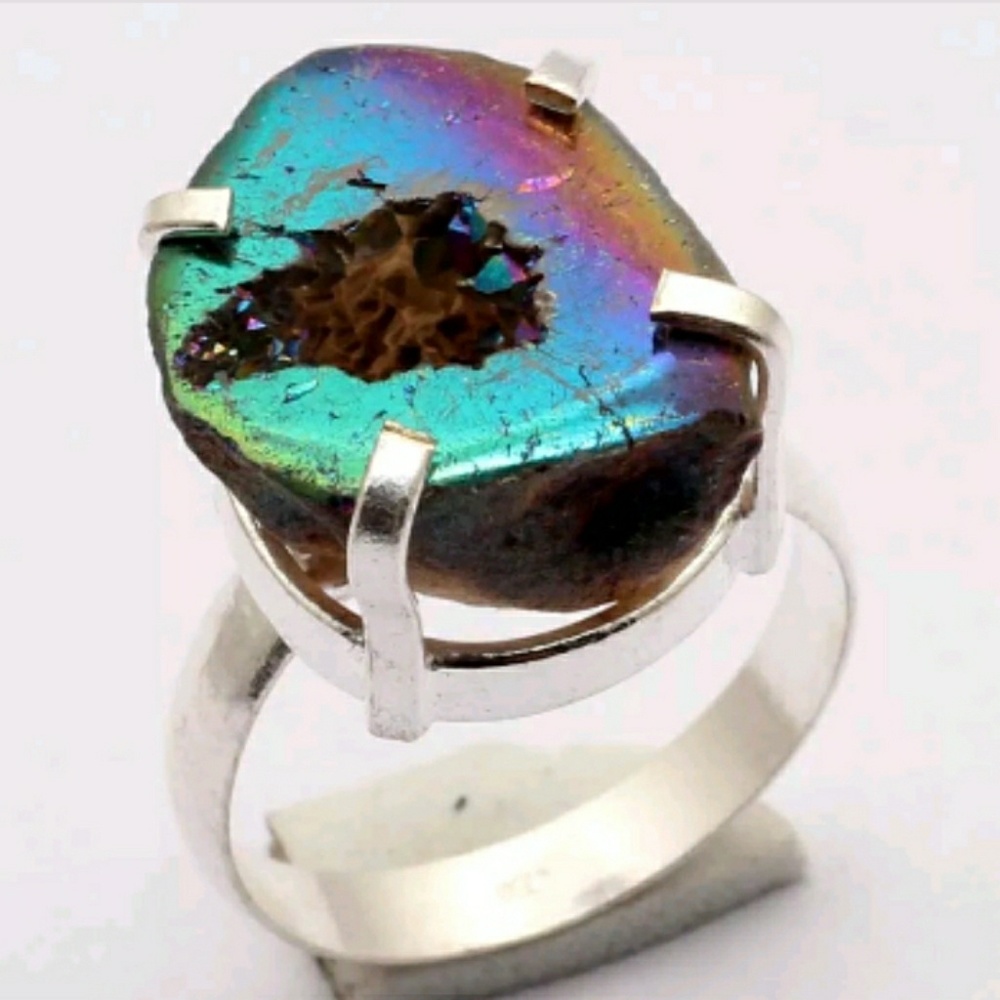 *Sale* New Titanium Geode Druzy 925 Silver Ring.